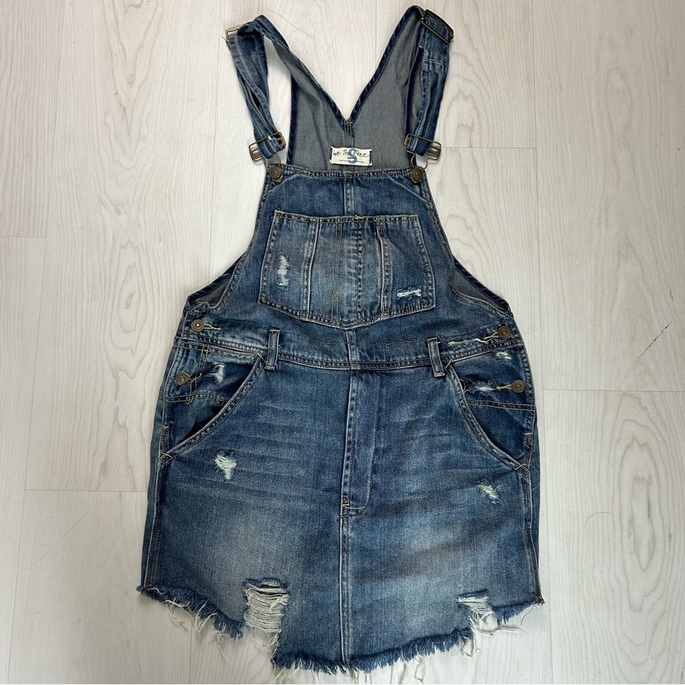 We the Free Free People Medium Wash Denim Mini Dress Overalls Style Size Small - Picture 2 of 6